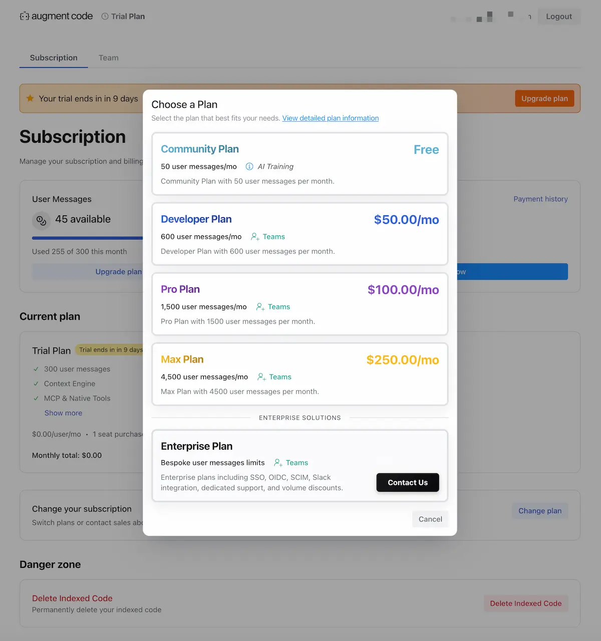Augment code subscription plan