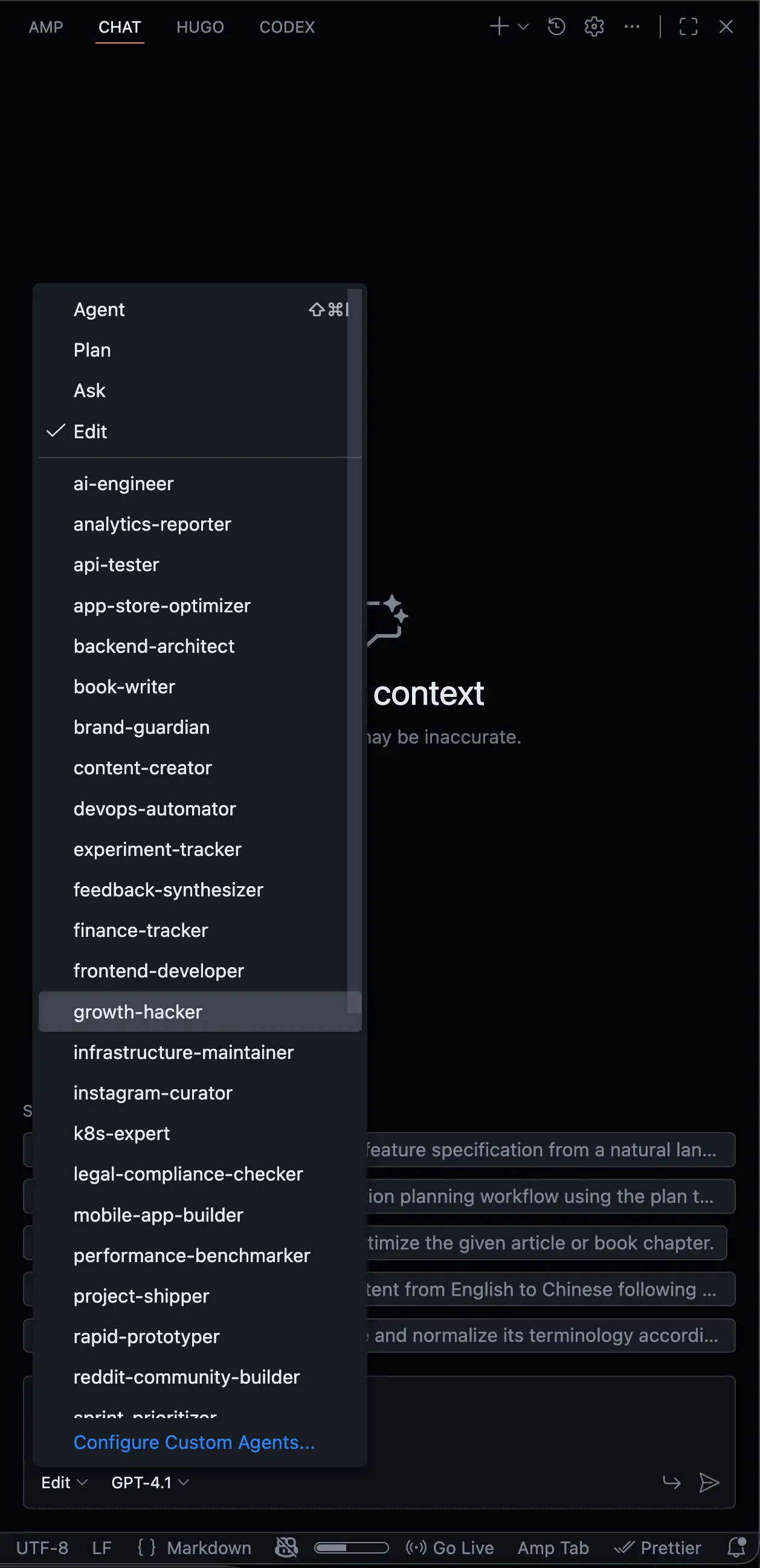 图 6: Copilot chat 可以选择自定义 agent