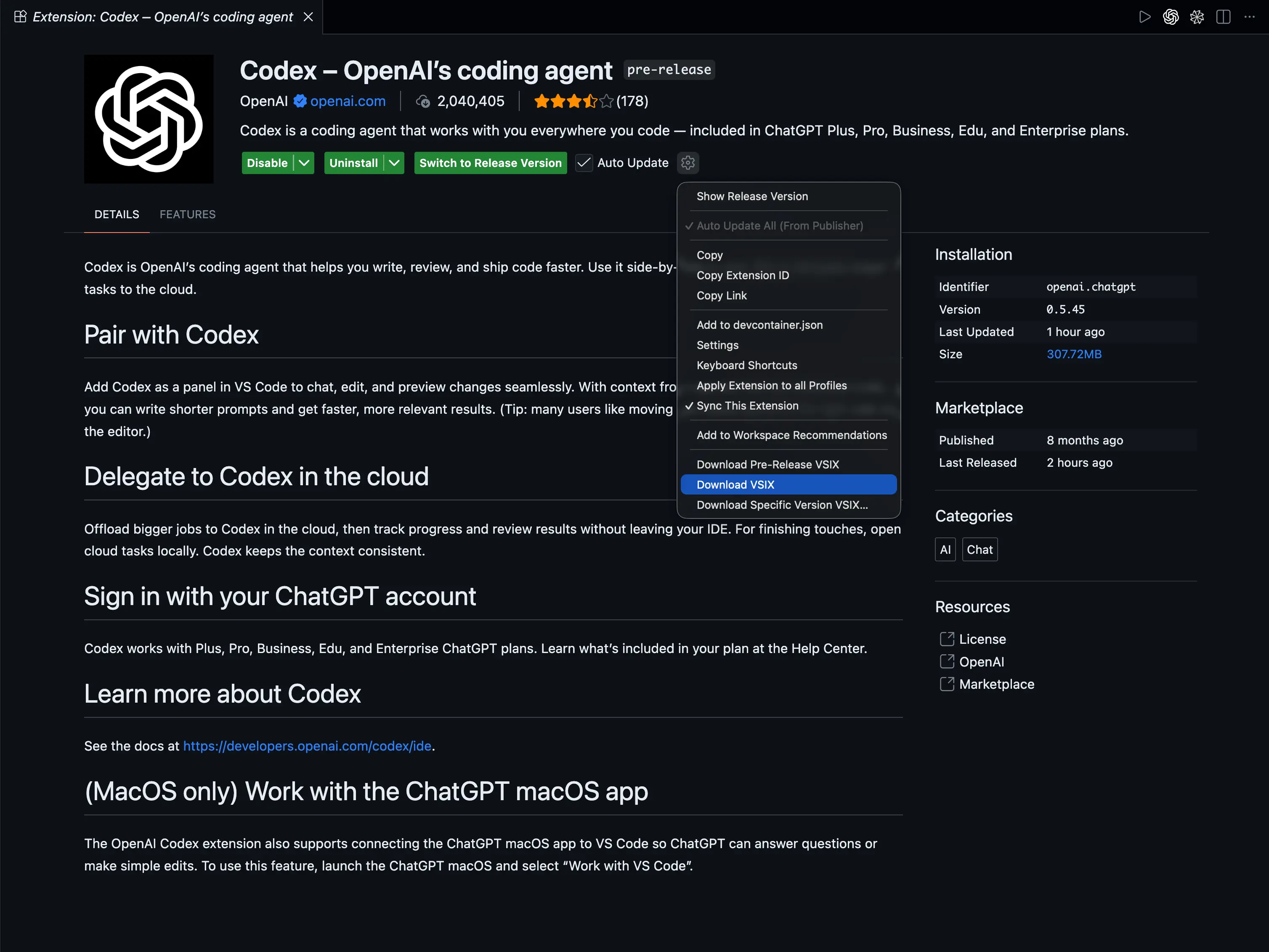 图 3: 在 VS Code 中导出 Codex Extension