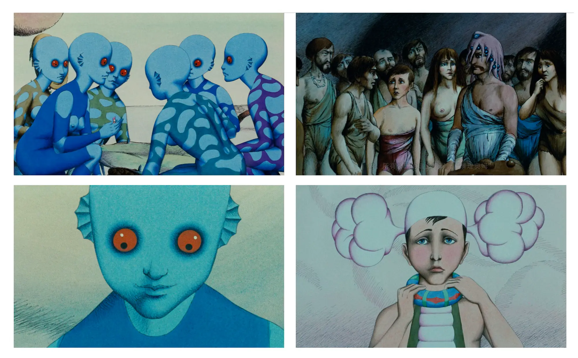 Fantastic Planet 中的角色,从左到右,从上到下一次是:年幼的正在玩 Oms 的 Draags、成年的 Oms、年幼的 Tiwa、年幼的 Terr