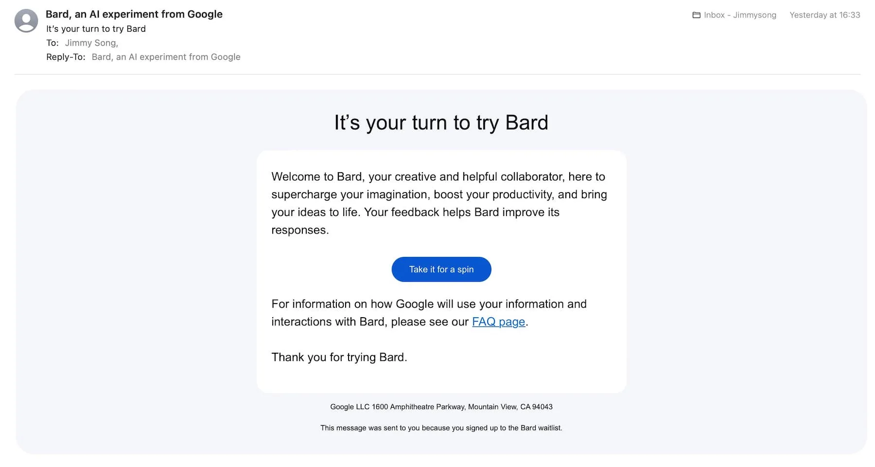 图 1:Google Bard 体验资格通过邮件