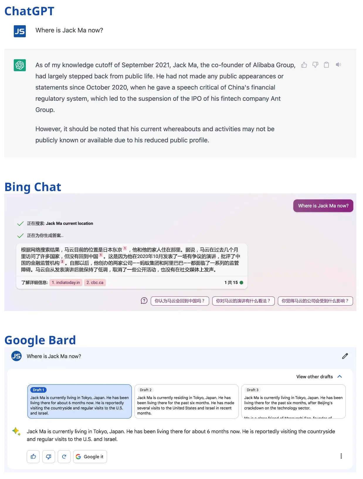 图 3:“马云去哪了?”在三种工具中的回答对比