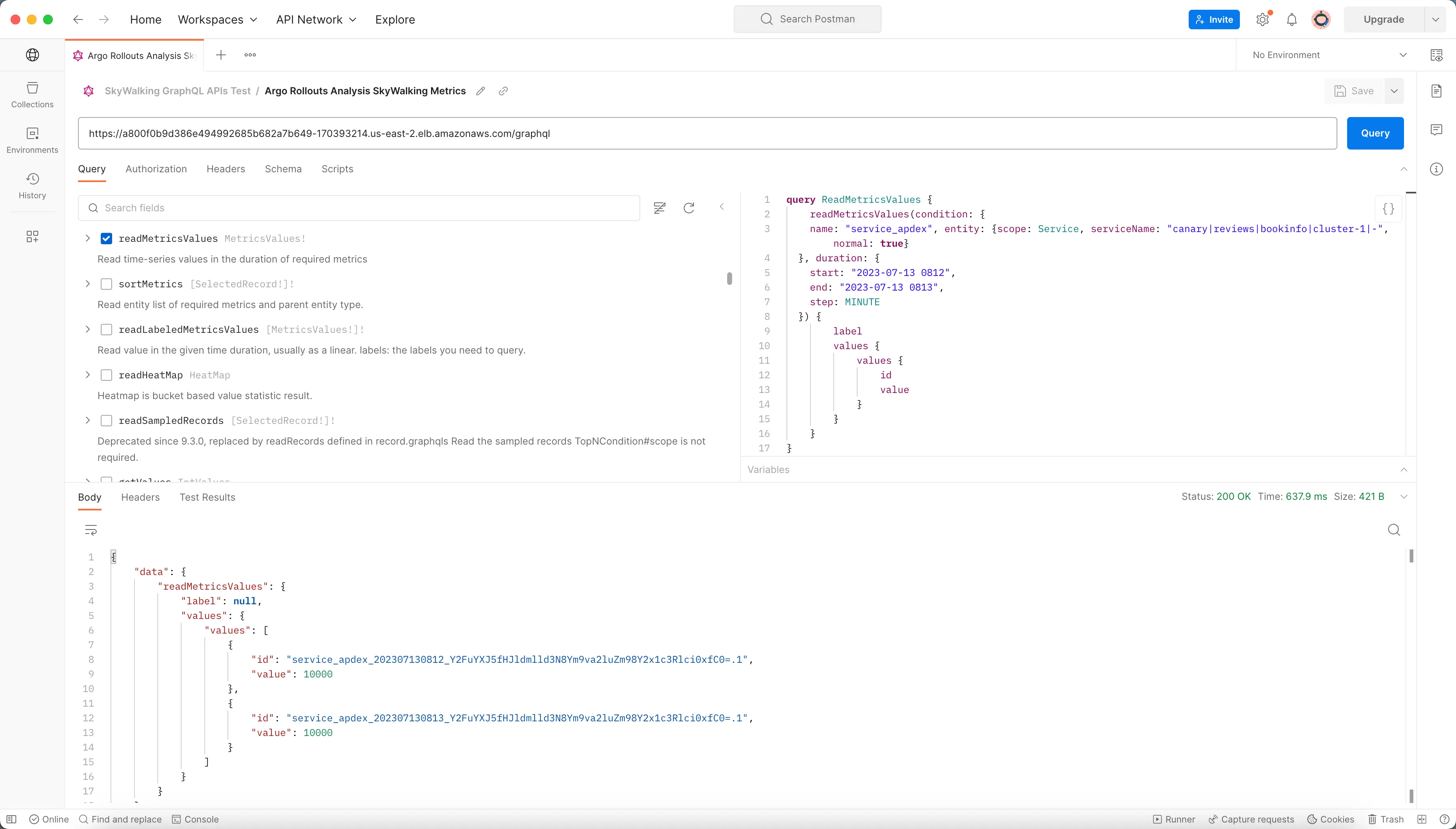 Figure 6: Submitting GraphQL queries to SkyWalking using Postman
