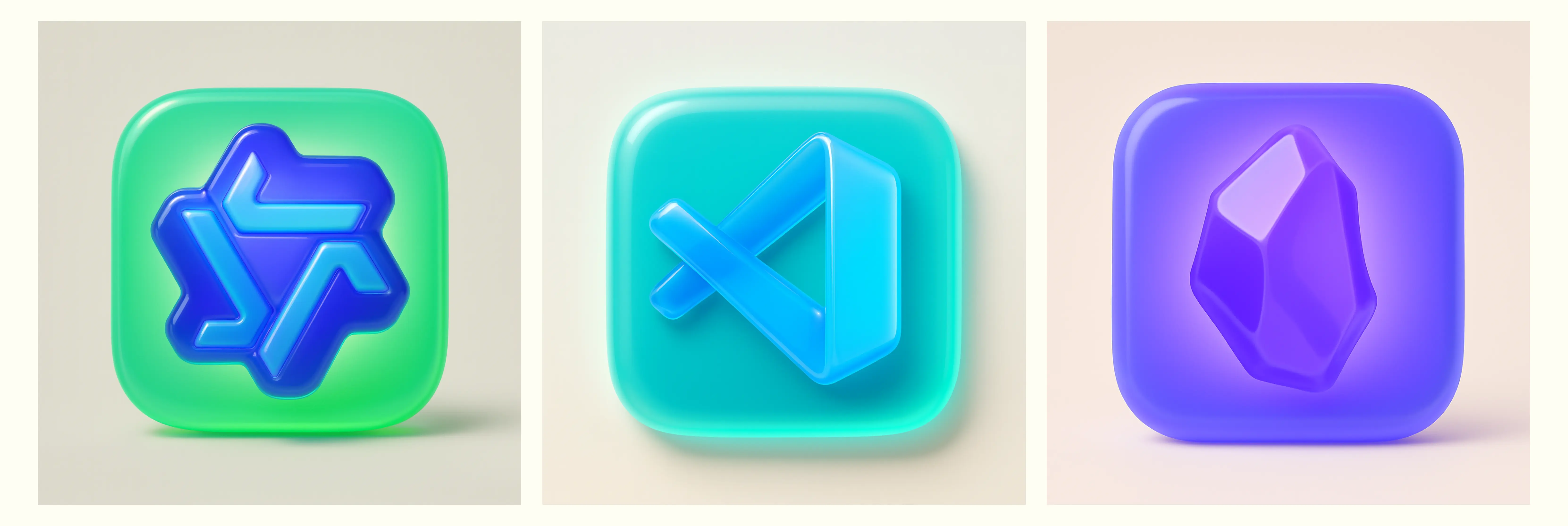 3D icons generated with JSON Prompt: Qwen, VS Code, and Obsidian