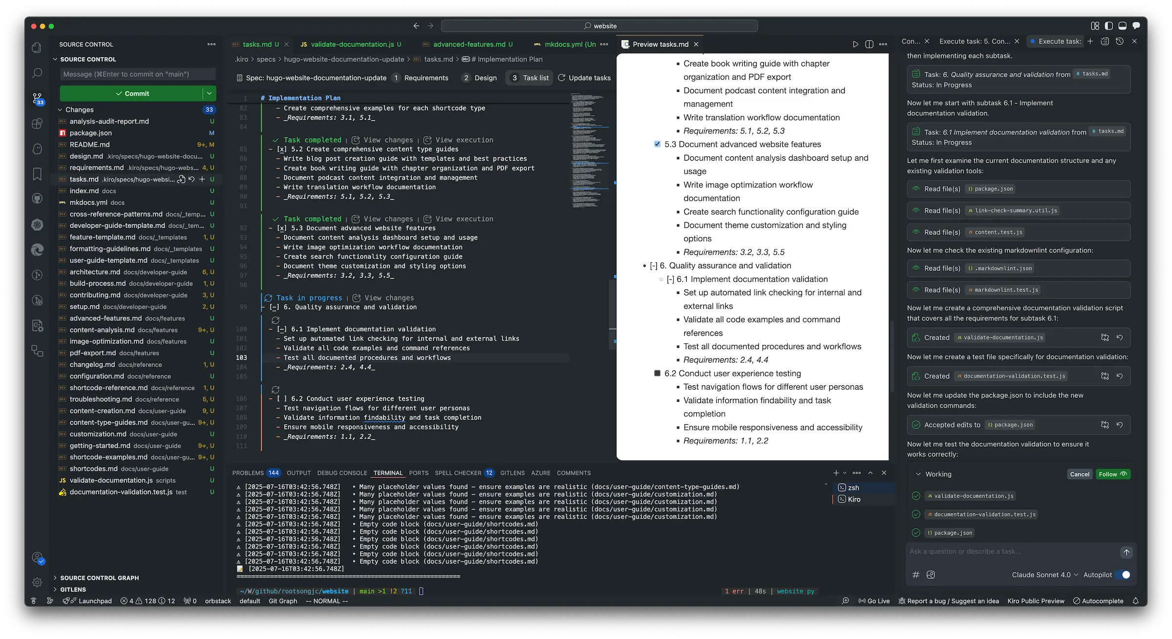 Kiro 的 Spec 模式界面,展示了任务分解和执行流程