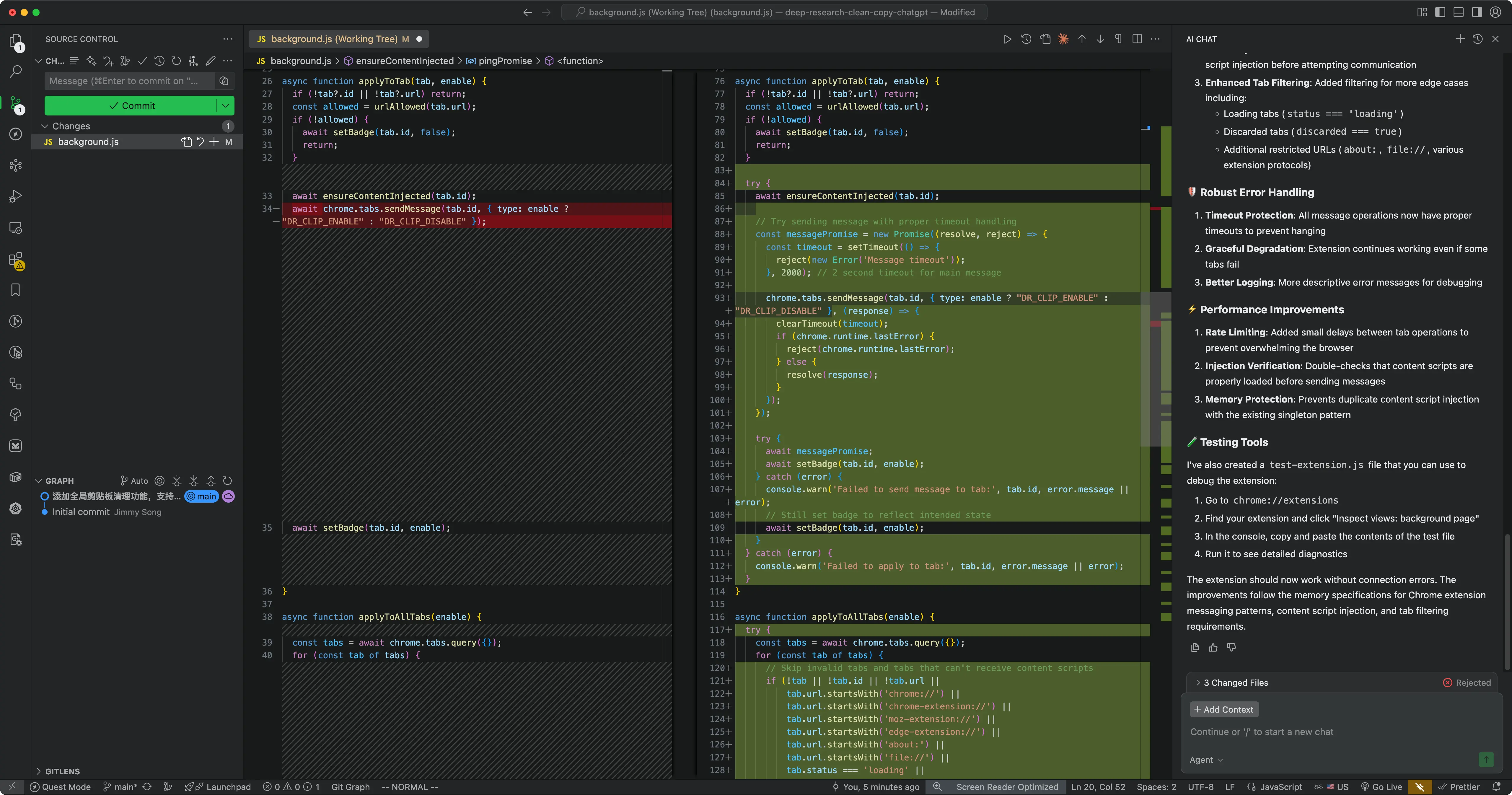 Chat Agent Mode screenshot (fixing a suspected Chrome Extension bug)