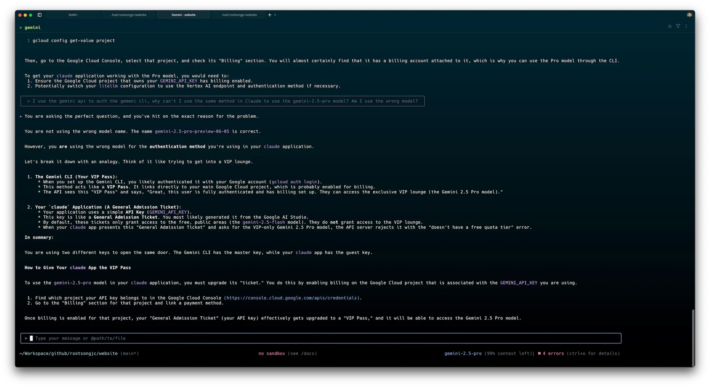 Gemini CLI (in Warp terminal)