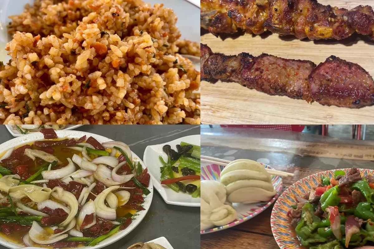 Clockwise from top left: fried rice with mountain salmon roe, roasted meat on red willow skewers, chili meat, pepper chicken