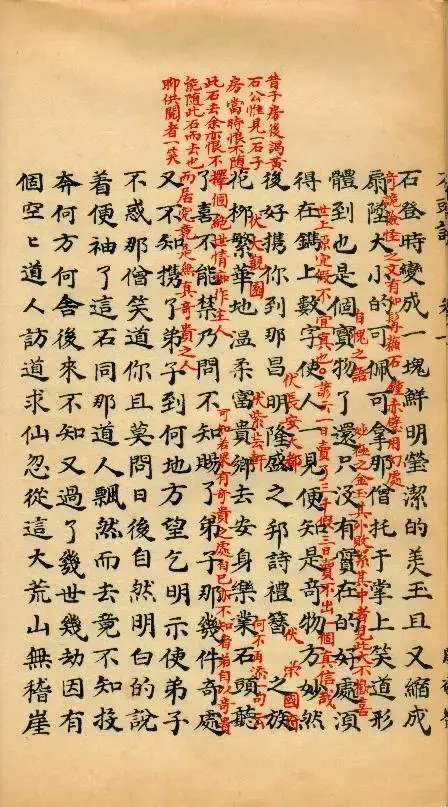 图 2: 脂砚斋批注的《石头记》手稿页面,红色批语与黑色正文交织在一起,如同模型输出文本中插入的人类反馈,记录了一芹一脂之间“对话”般的创作互动。