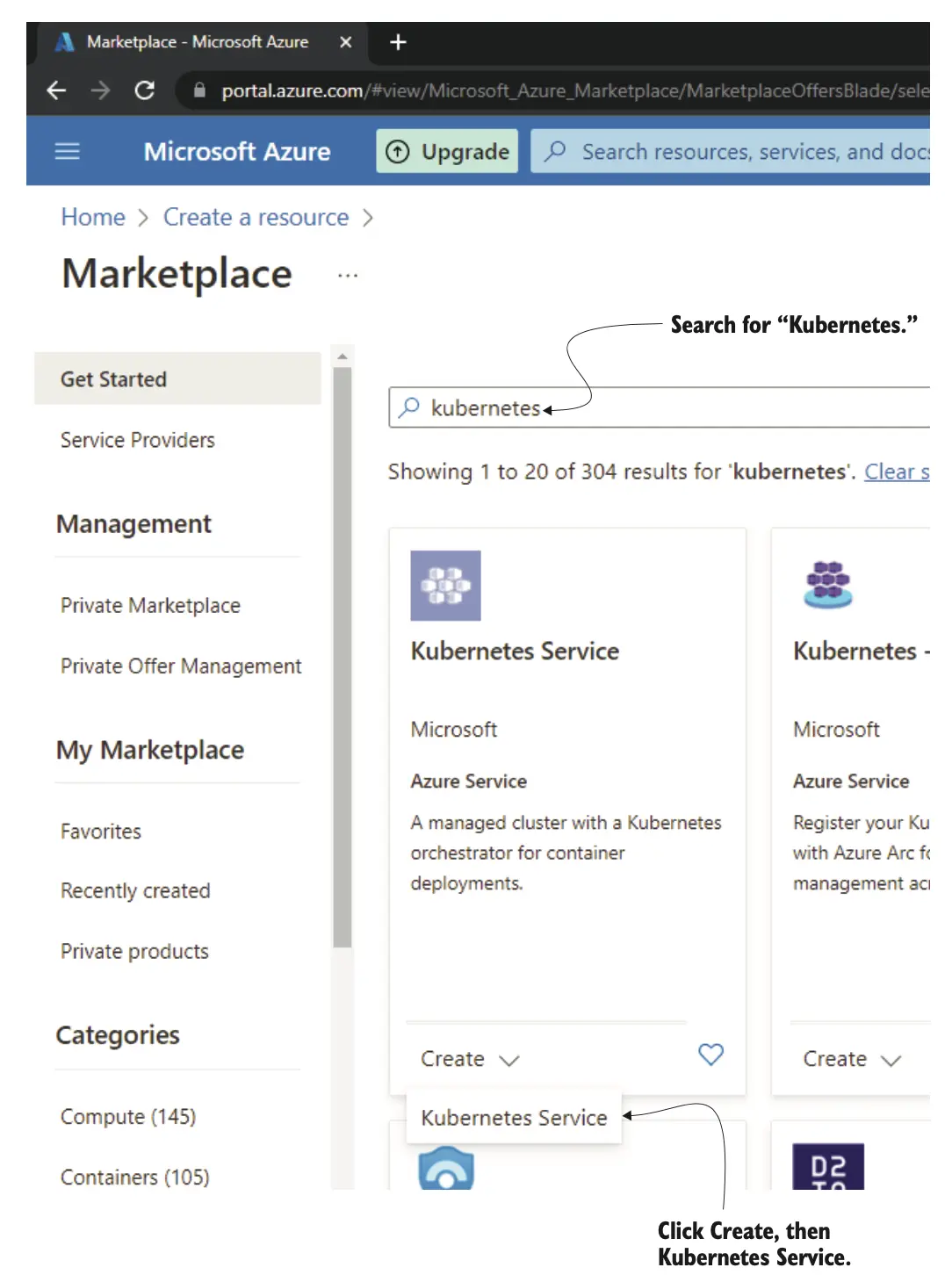 图 6.11 在 Azure 门户中选择 Kubernetes 服务