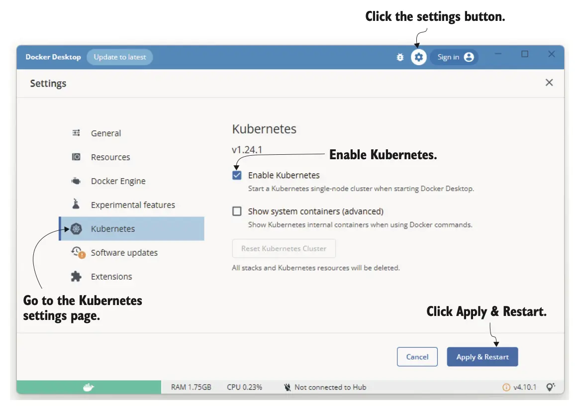 图 6.7 启用 Docker Desktop 自带的本地 Kubernetes 实例