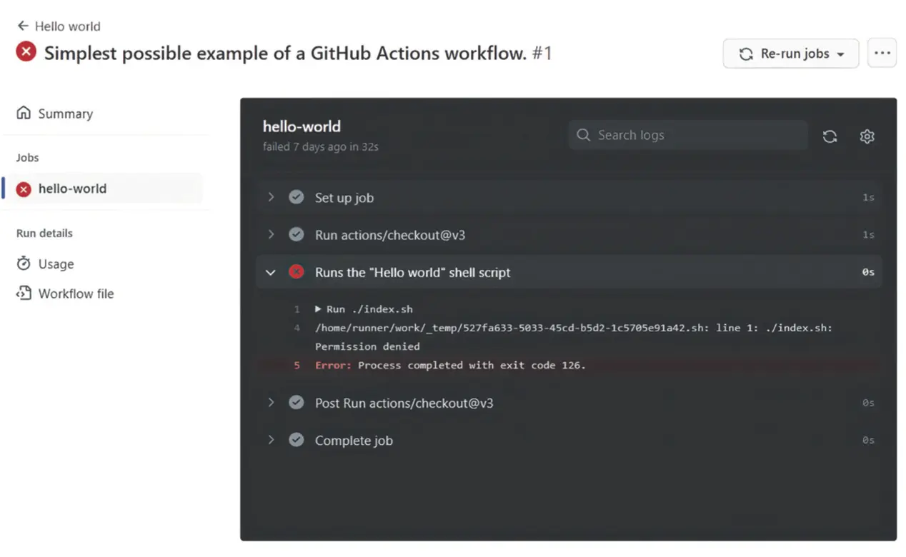 图 8.16 GitHub Actions 中失败的工作流输出
