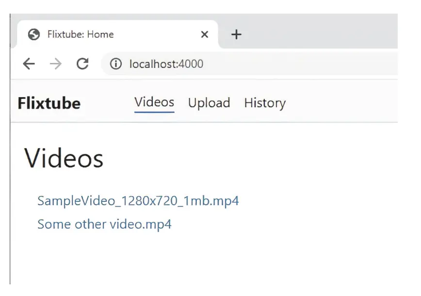 图 10.10 FlixTube 用户界面的主页面显示已上传的视频列表