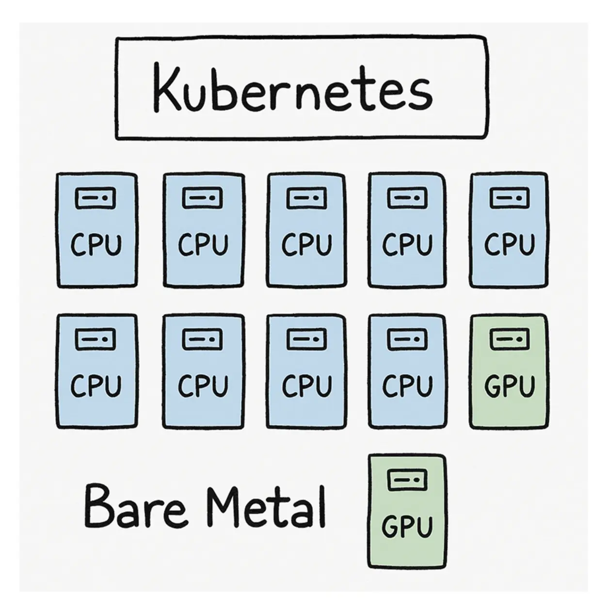 图 2: 基础设施图显示一个 Kubernetes 集群,包含 10 台裸金属节点——9 台 CPU 节点和 1 台 GPU 节点,展示了可用的硬件资源。