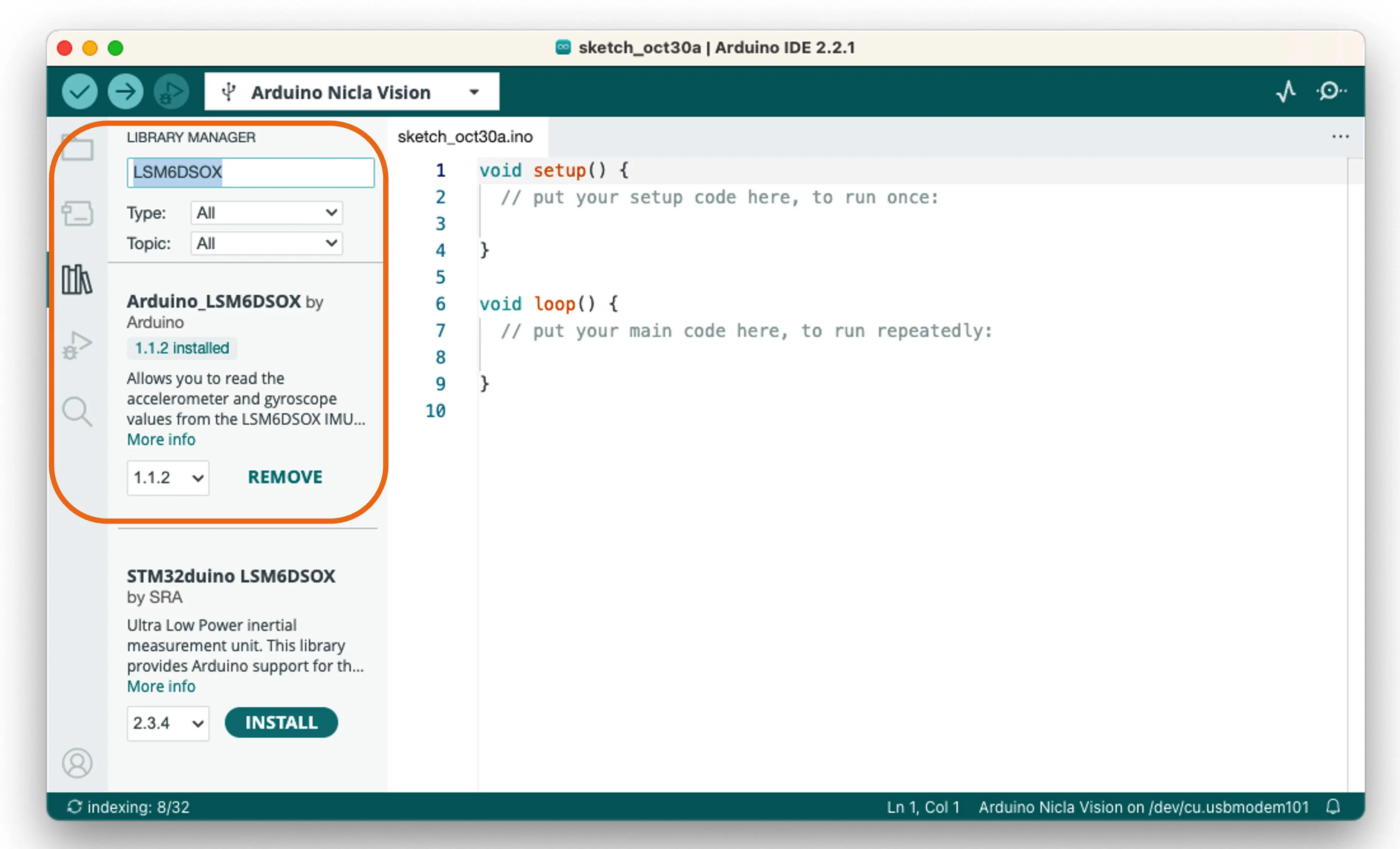 图 1: Arduino IDE 安装 IMU 库界面