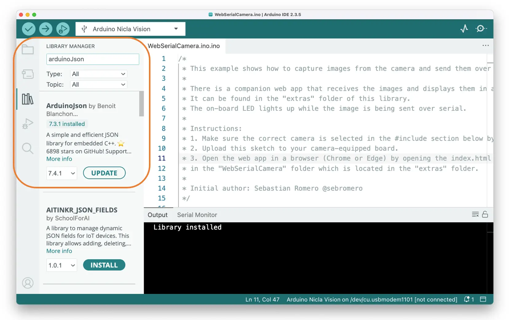 图 21: ArduinoJSON 安装界面