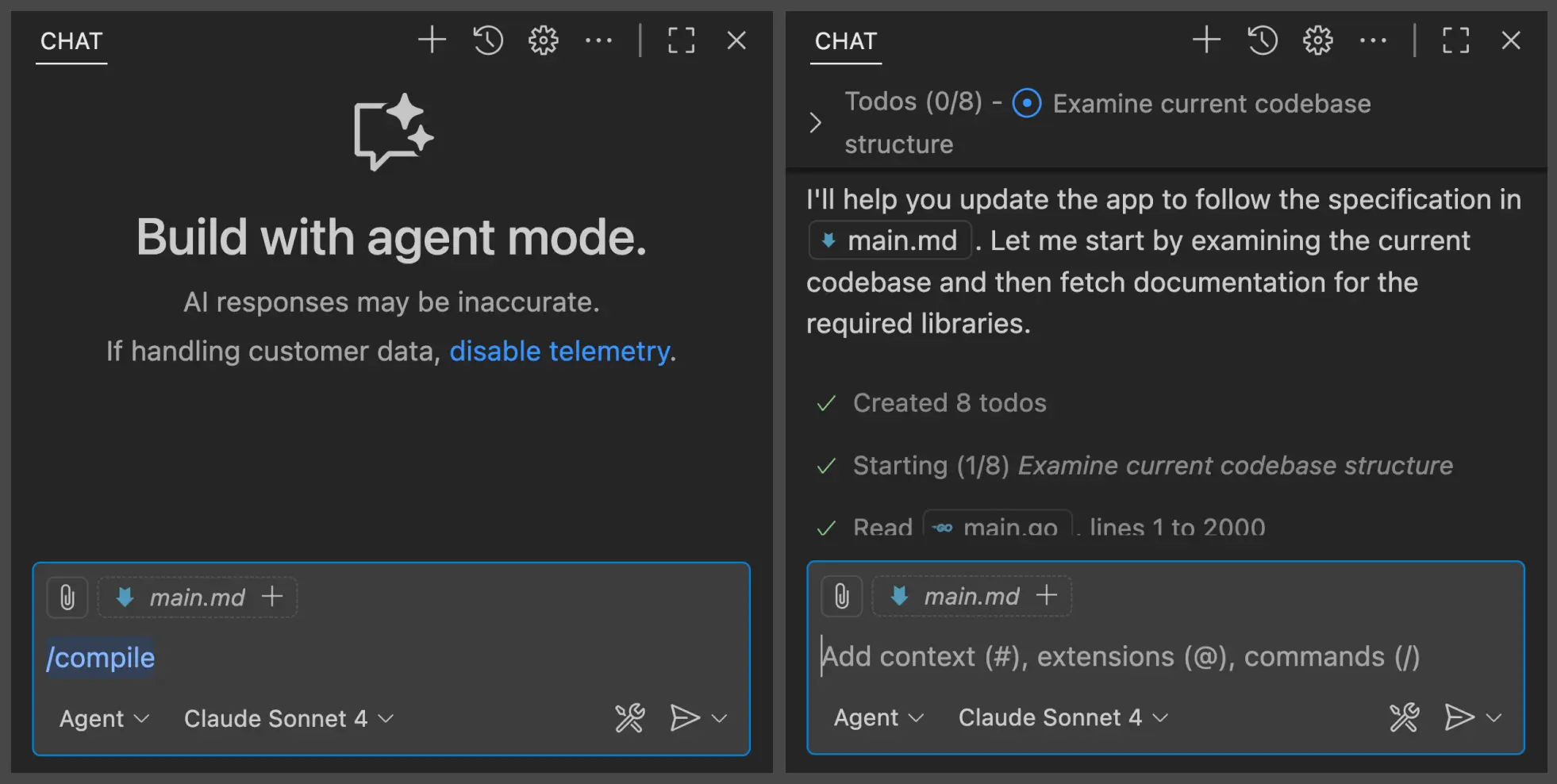 图 1: 在 VS Code 的 GitHub Copilot 中使用 / 命令调用 AI 编程助手提示。